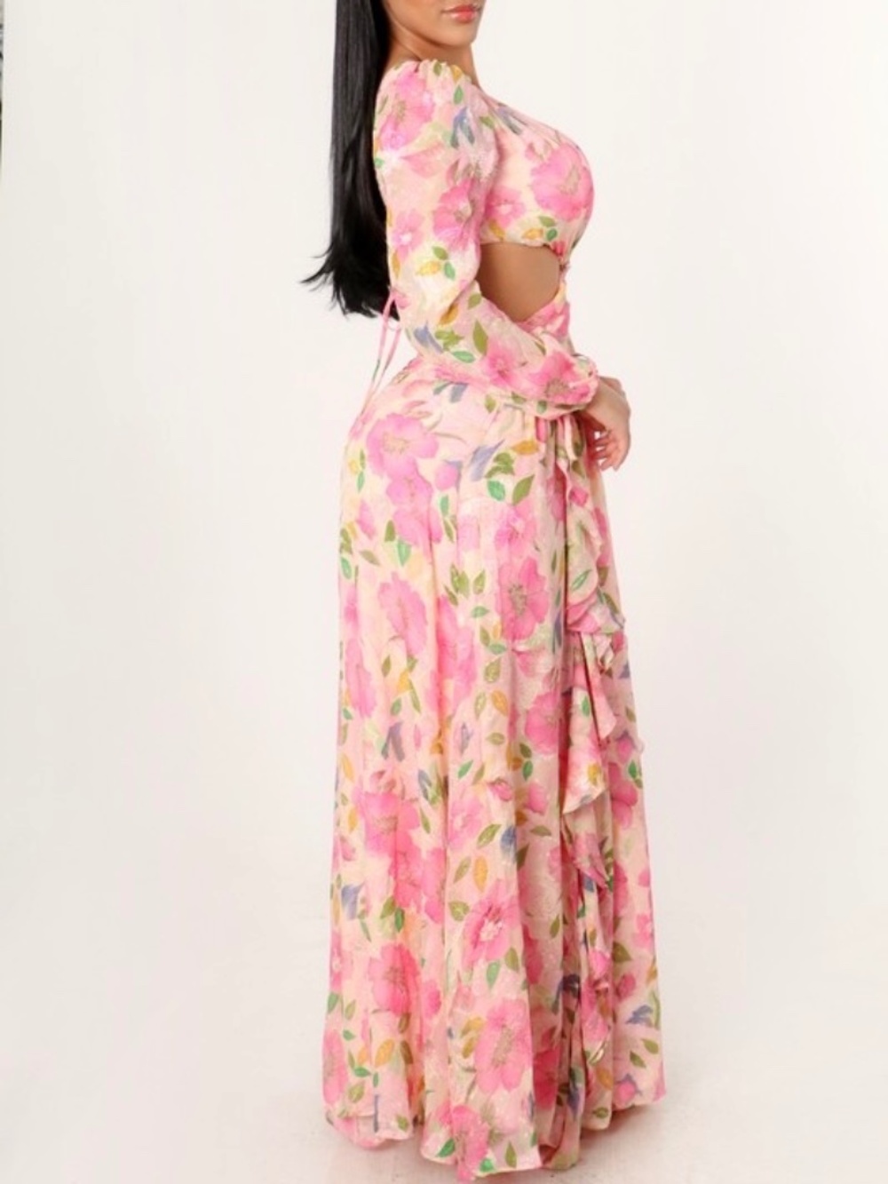 LONG SLEEVE PINK FLORAL MAXI DRESS WITH RUFFLES AND CUTOUT - Picture 6 of 17